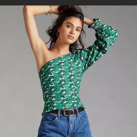 Anthropologie For Ever That Girl one shoulder green top - Picture 3 of 7
